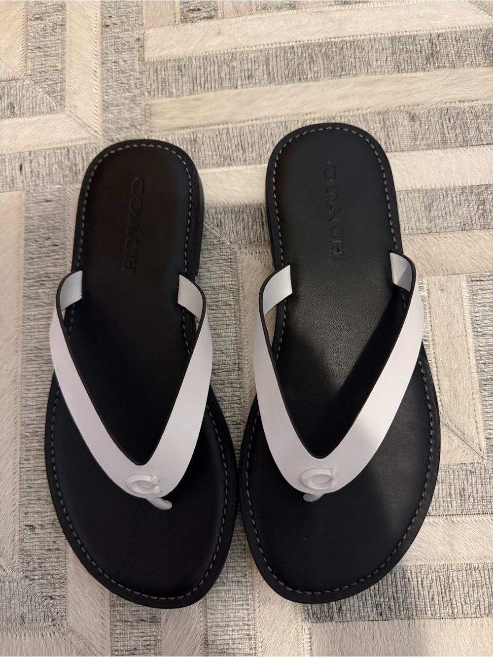 Coach Black and White Leather Thong Sandals